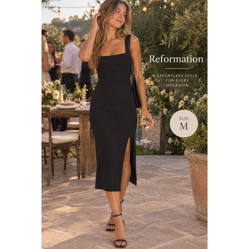 Reformation Black Ribbed Square Neck Midi Dress with Side Slit Size M
